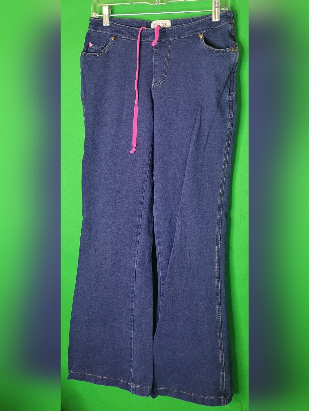 Women’s Dark Blue Pajama Jeans with Pink Drawstring Size Small Bootcut Vtg Y2k